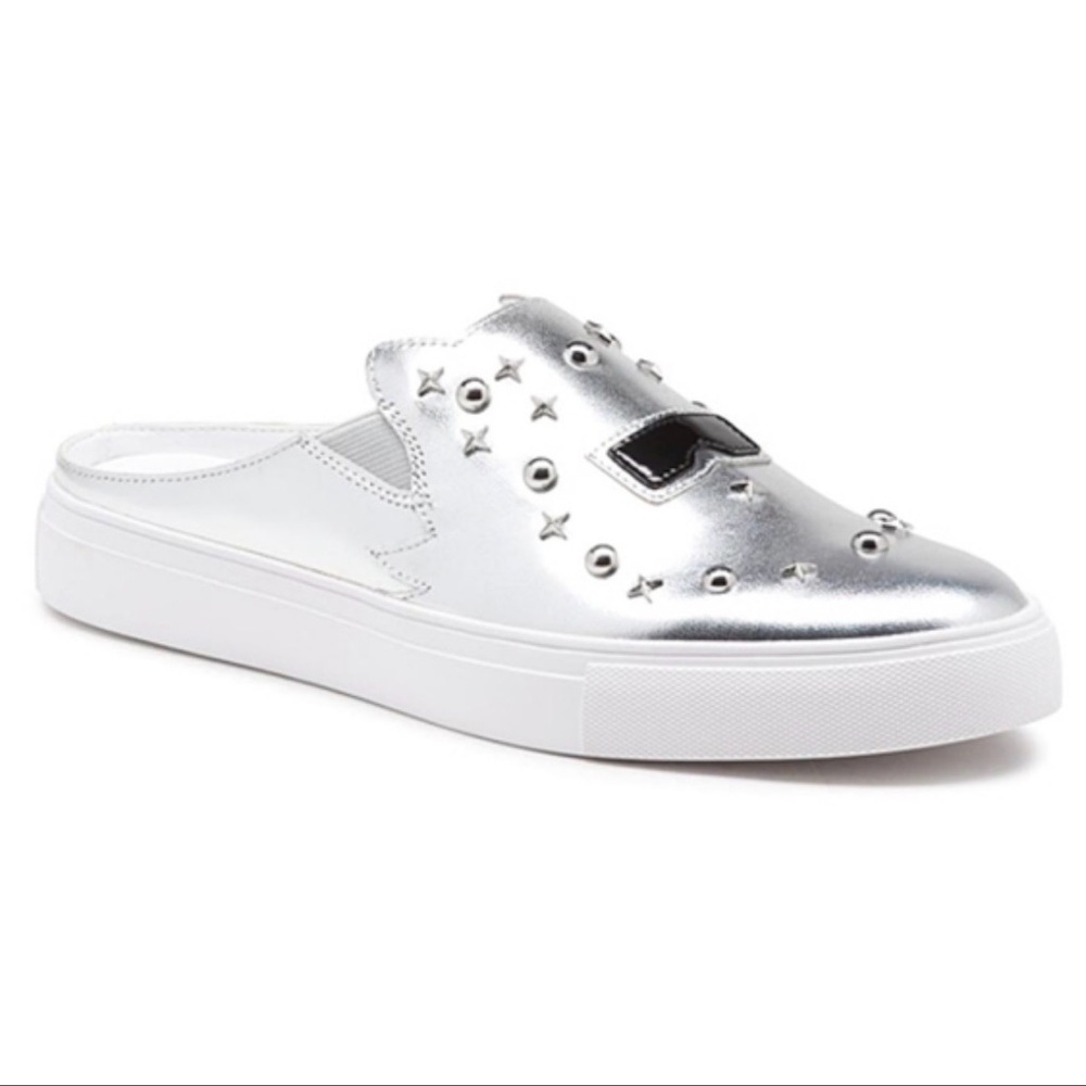 Karl Lagerfeld Silver Metallic Studded Mule Sneakers with White Sole